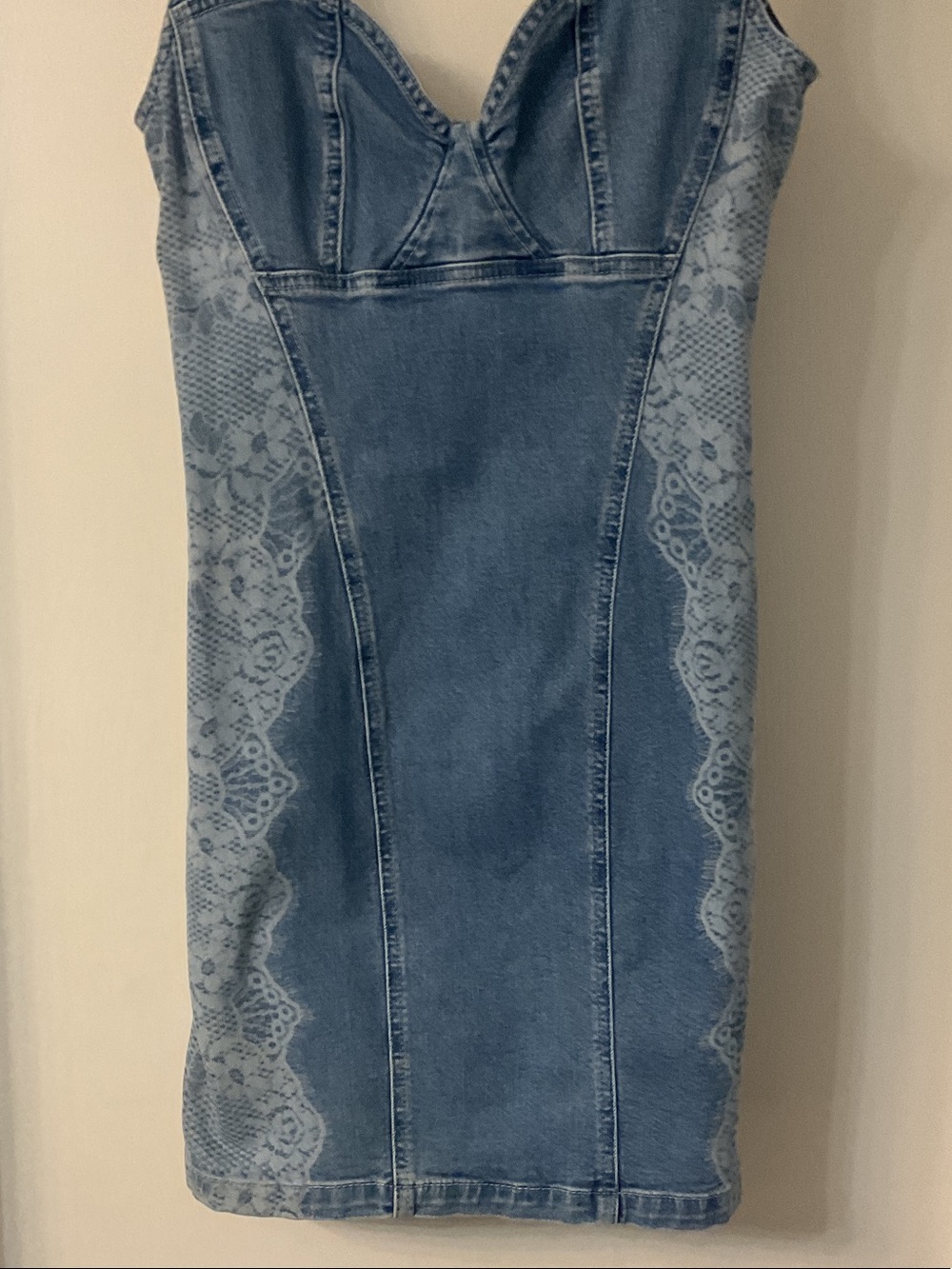 Guess Blue Denim Mini Dress with Lace-Effect Panels - Picture 3 of 6